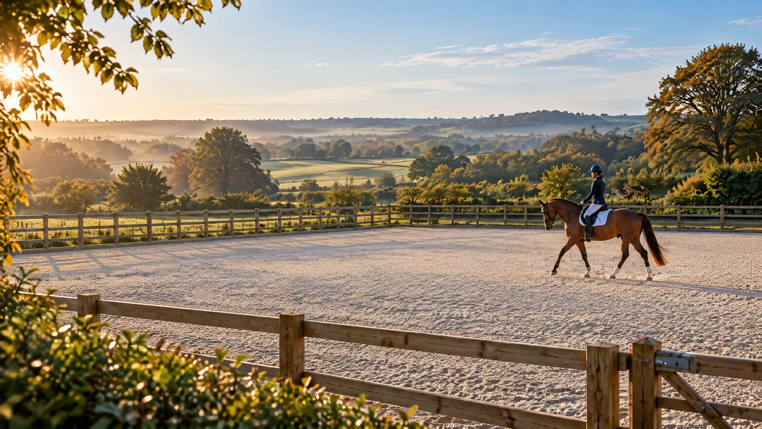 Illustrative outdoor riding arena, timber fencing and horse rider in a rural landscape
