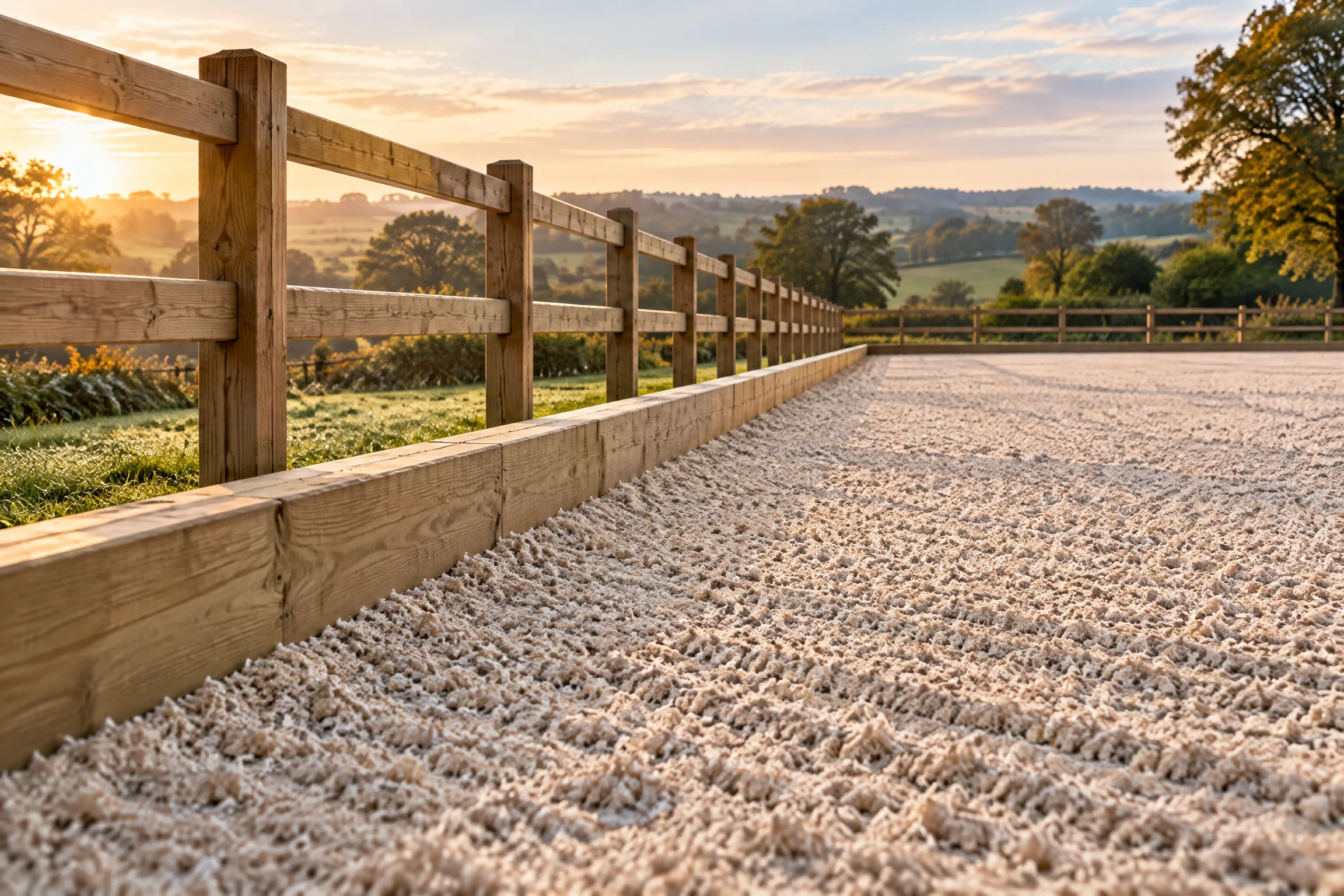 Illustrative close view of an arena riding surface, timber kickboard and post-and-rail fence