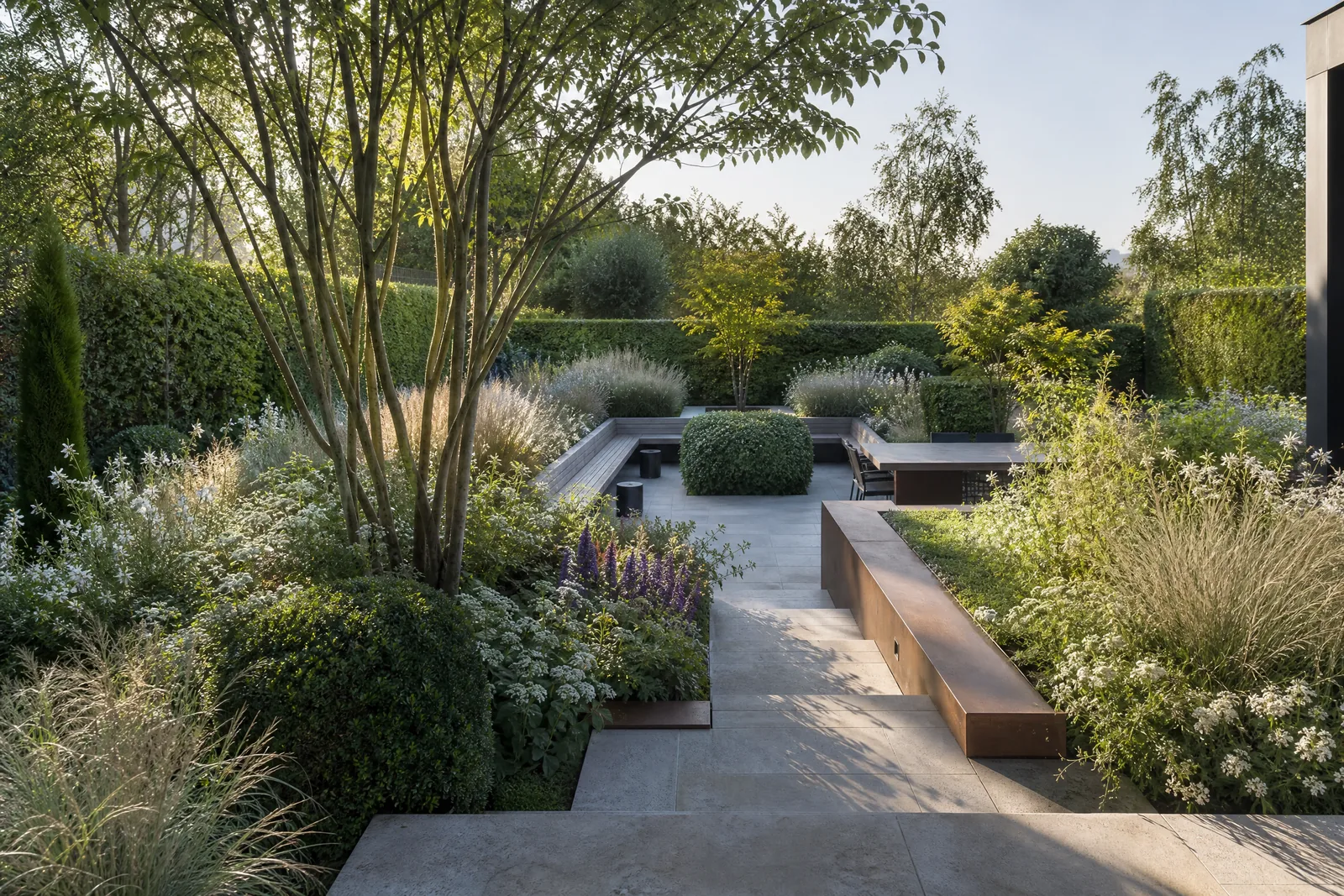 Designed courtyard garden with limestone steps, copper edging and layered planting