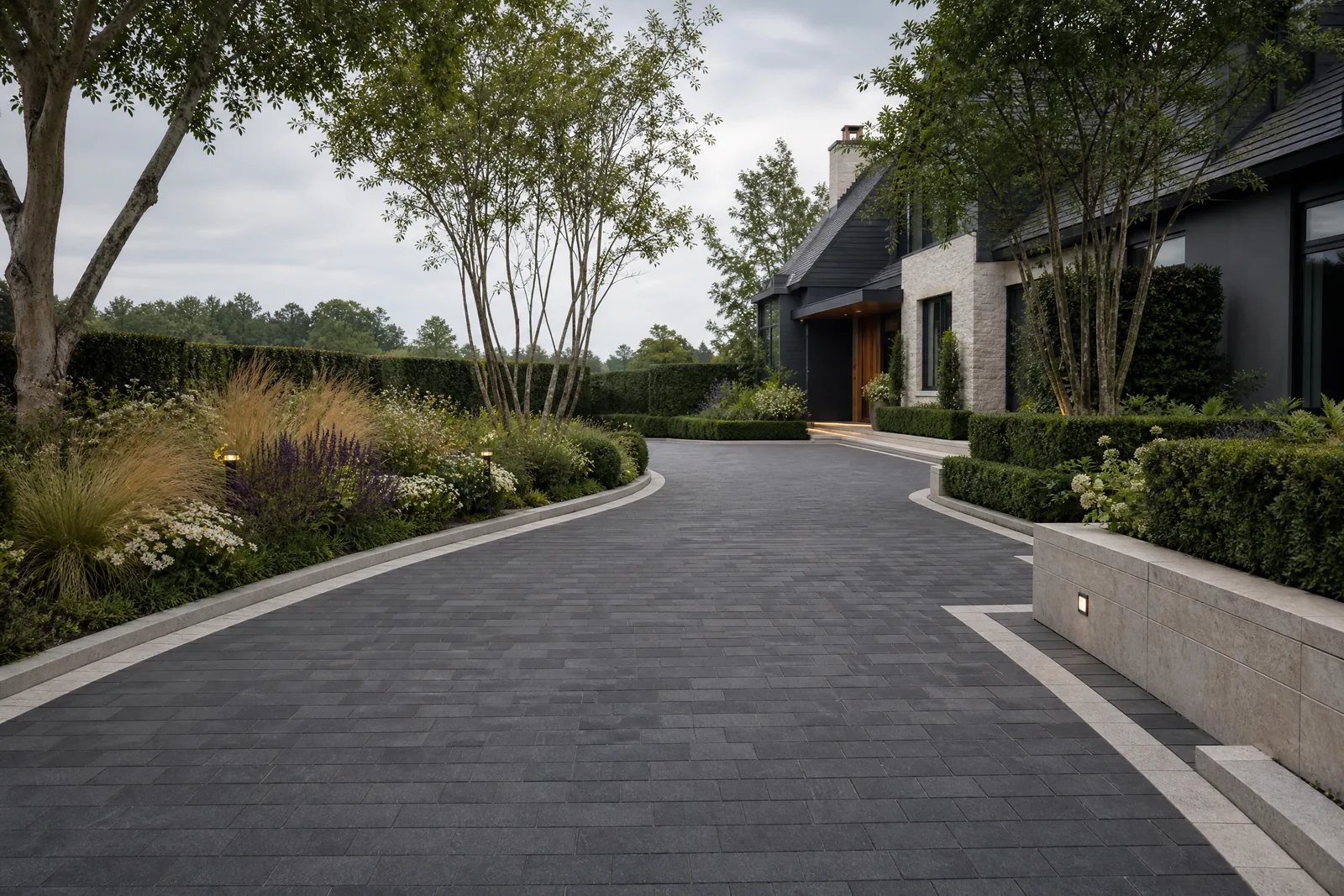 Charcoal paved driveway framed with landscape planting
