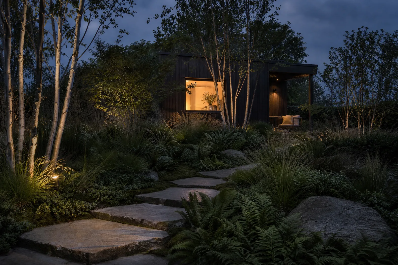 Charred timber garden room among layered planting