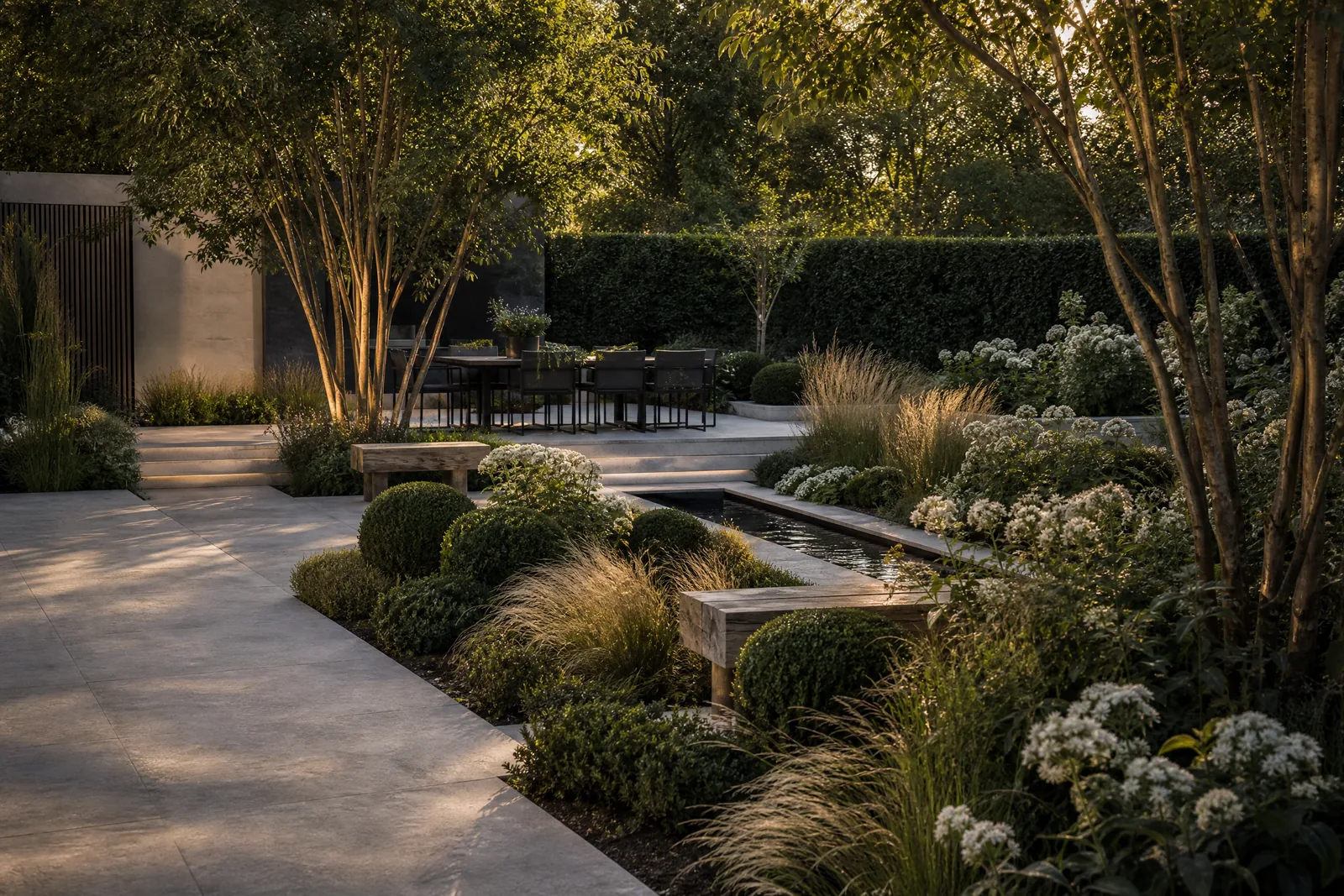 Bespoke limestone garden terrace with layered planting and a reflecting pool