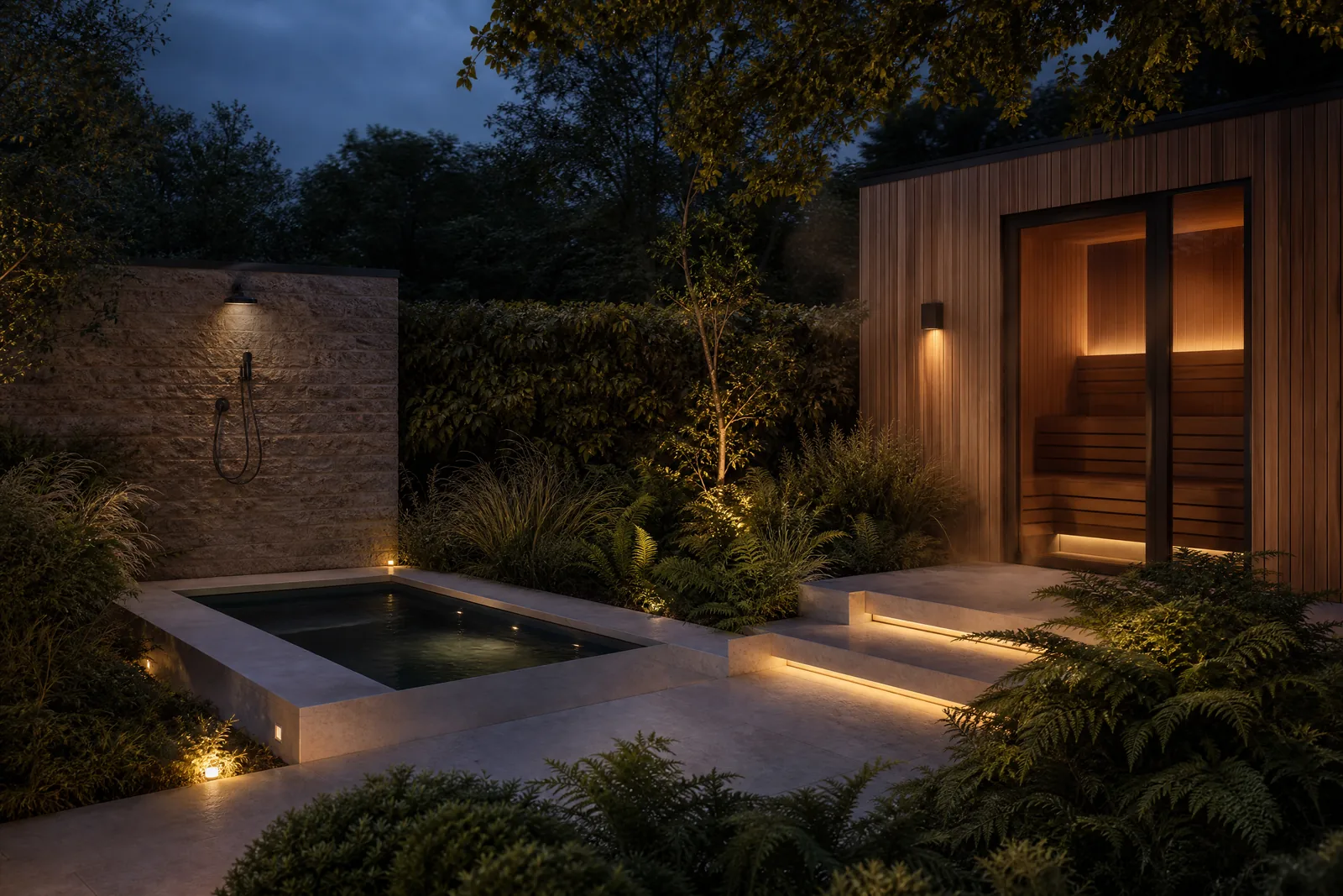 Private garden wellness courtyard with sauna and plunge pool